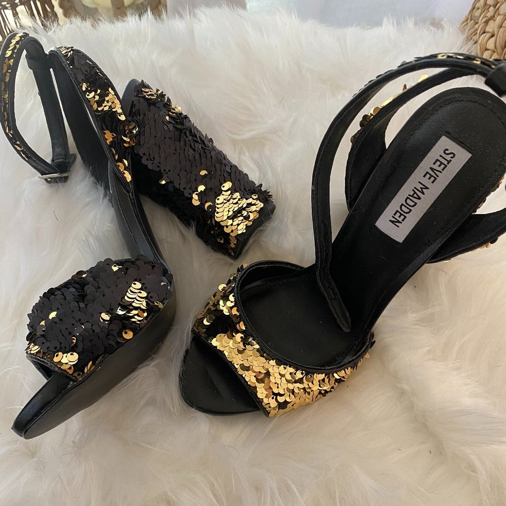 Steve Madden Black + Gold Sequin Heels (Size 7)